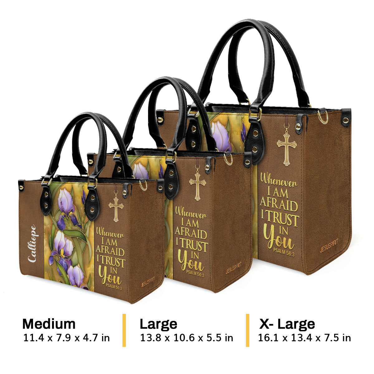 Flower And Cross | Whenever I Am Afraid, I Trust In You | Psalm 56:3 | Personalized Leather Handbag LHBH602