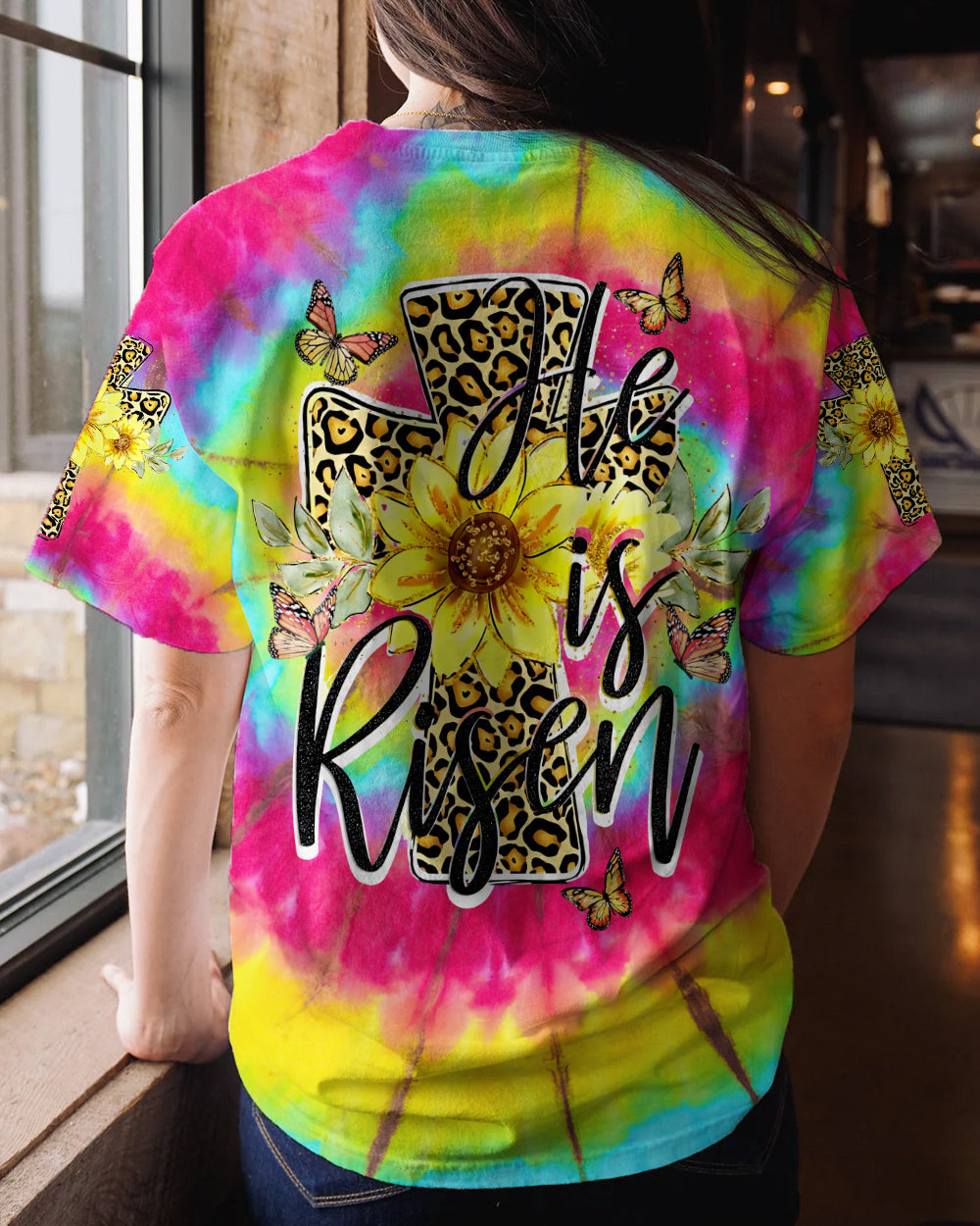 He Is Risen Cross With Sunflowers Tie Dye Women's All Over Print Shirt - Tytd0707231