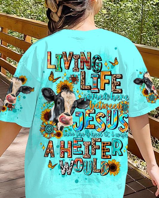 Living Life Somewhere Between Jesus Cow Women's All Over Print Shirt - Tltw0203245