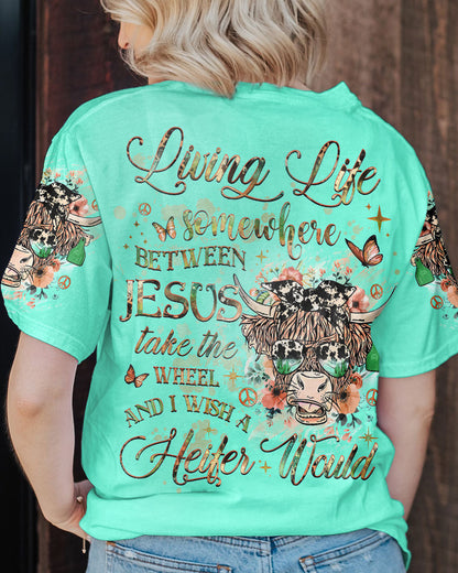 Living Life Somewhere Between Jesus Cow Women's All Over Print Shirt - Yhhg2109233