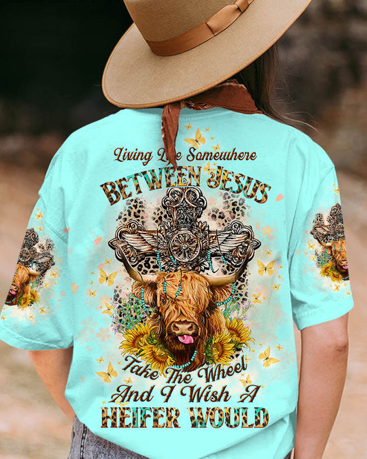 Living Life Somewhere Between Jesus Cow Women's All Over Print Shirt- Tltw2411233