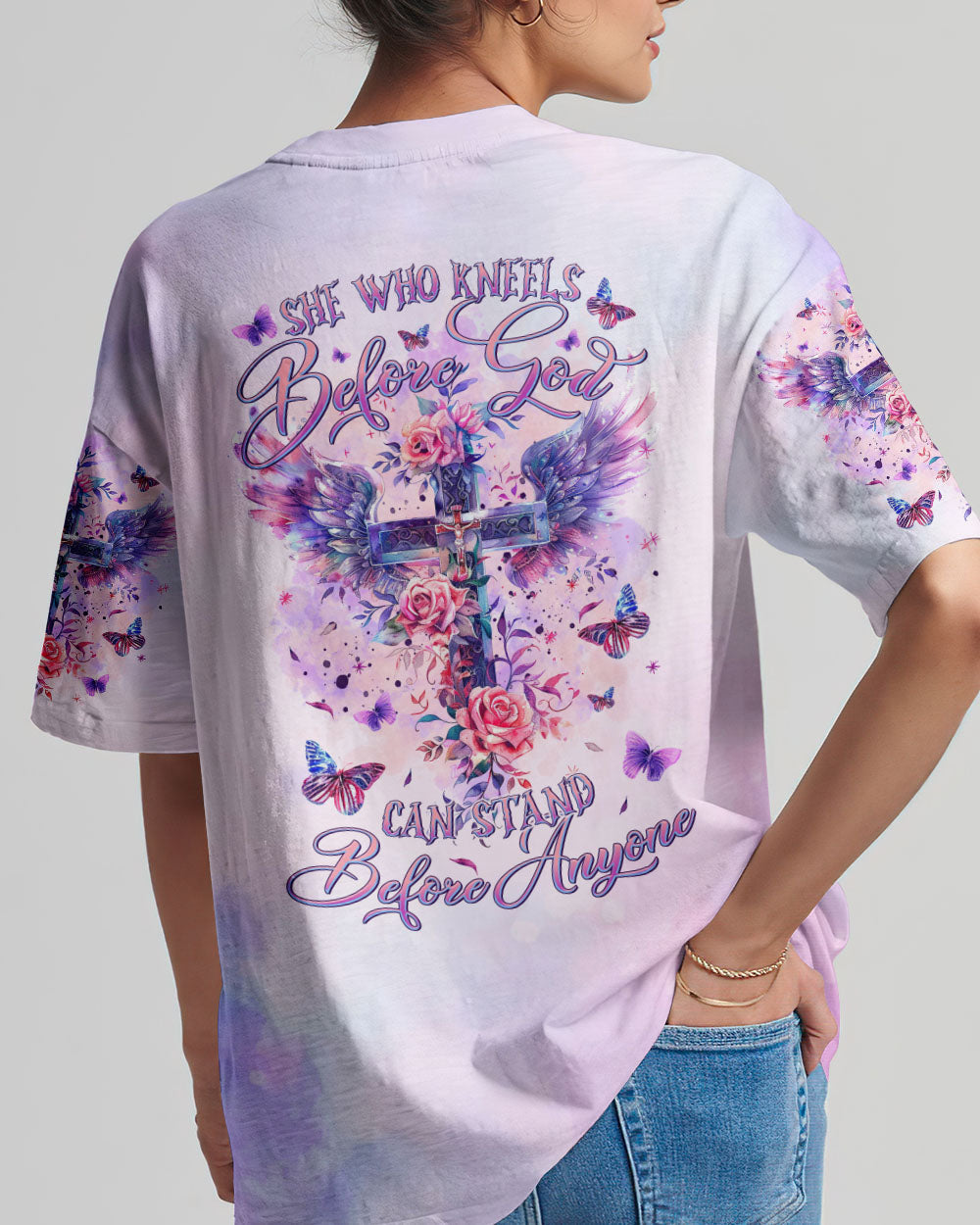 She Who Kneels Before God Cross Wings Women's All Over Print Shirt - Tltr0203241