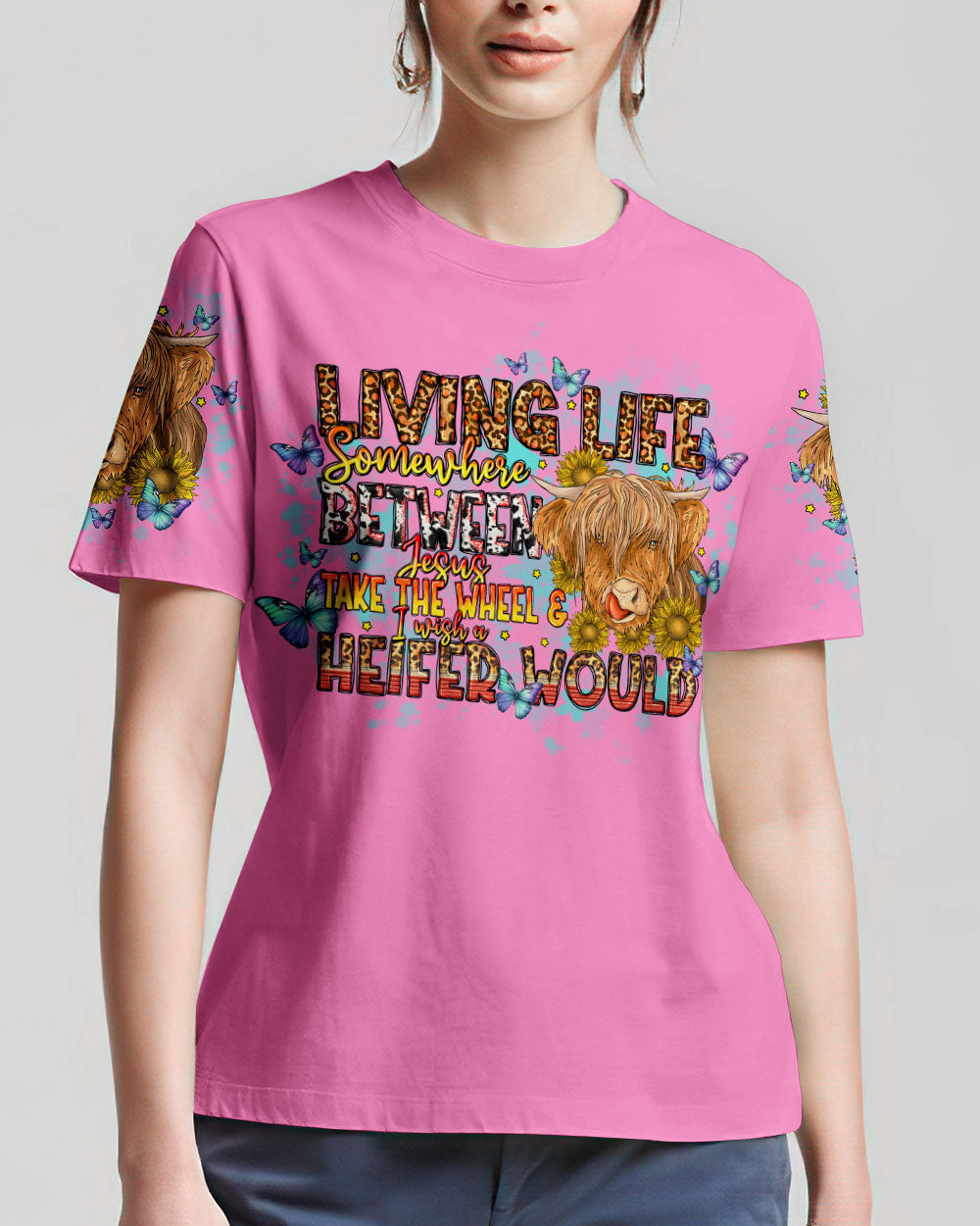 Living Life Somewhere Between Jesus Cow Women's All Over Print Shirt- Tlno1309234