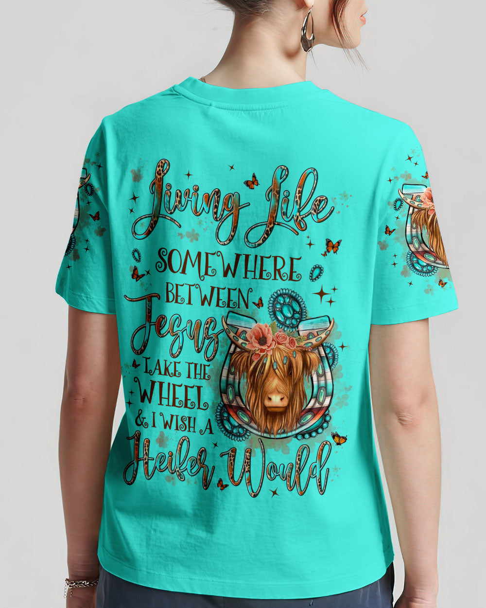 Living Life Somewhere Between Jesus Cow Women's All Over Print Shirt - Yhln1809234