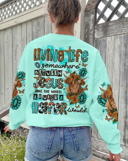 Living Life Somewhere Between Jesus Cow Women's All Over Print Shirt - Tltr3108231