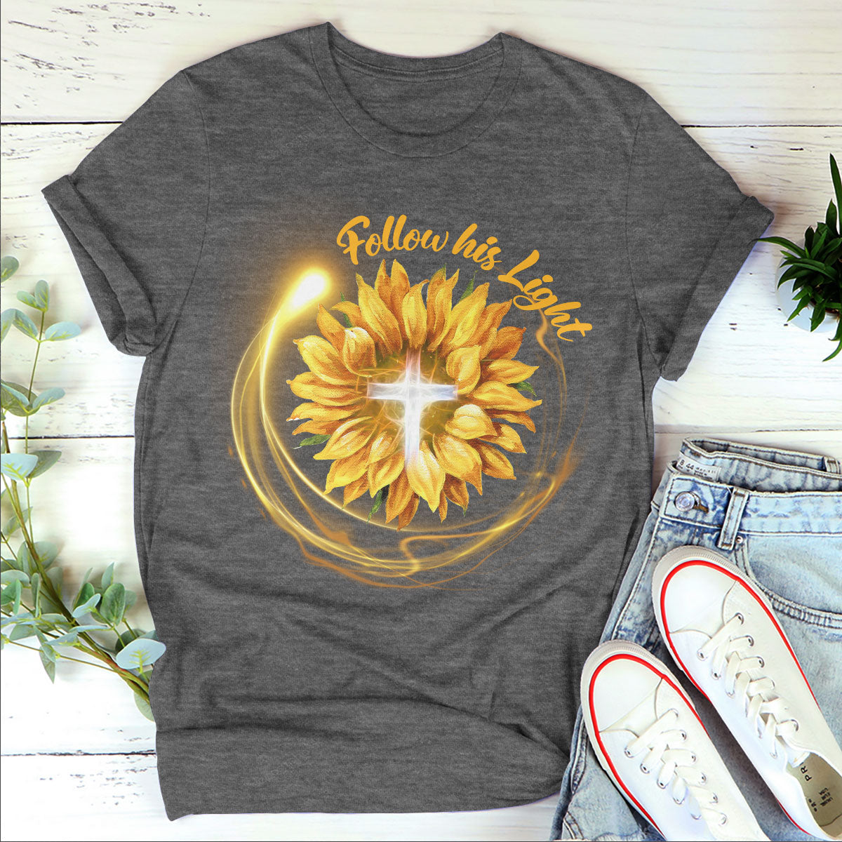 Lifegifty | Follow His Light | Stunning Unisex T-shirt | Religious Gifts For Christian People | Sunflower And Cross 2DTH763