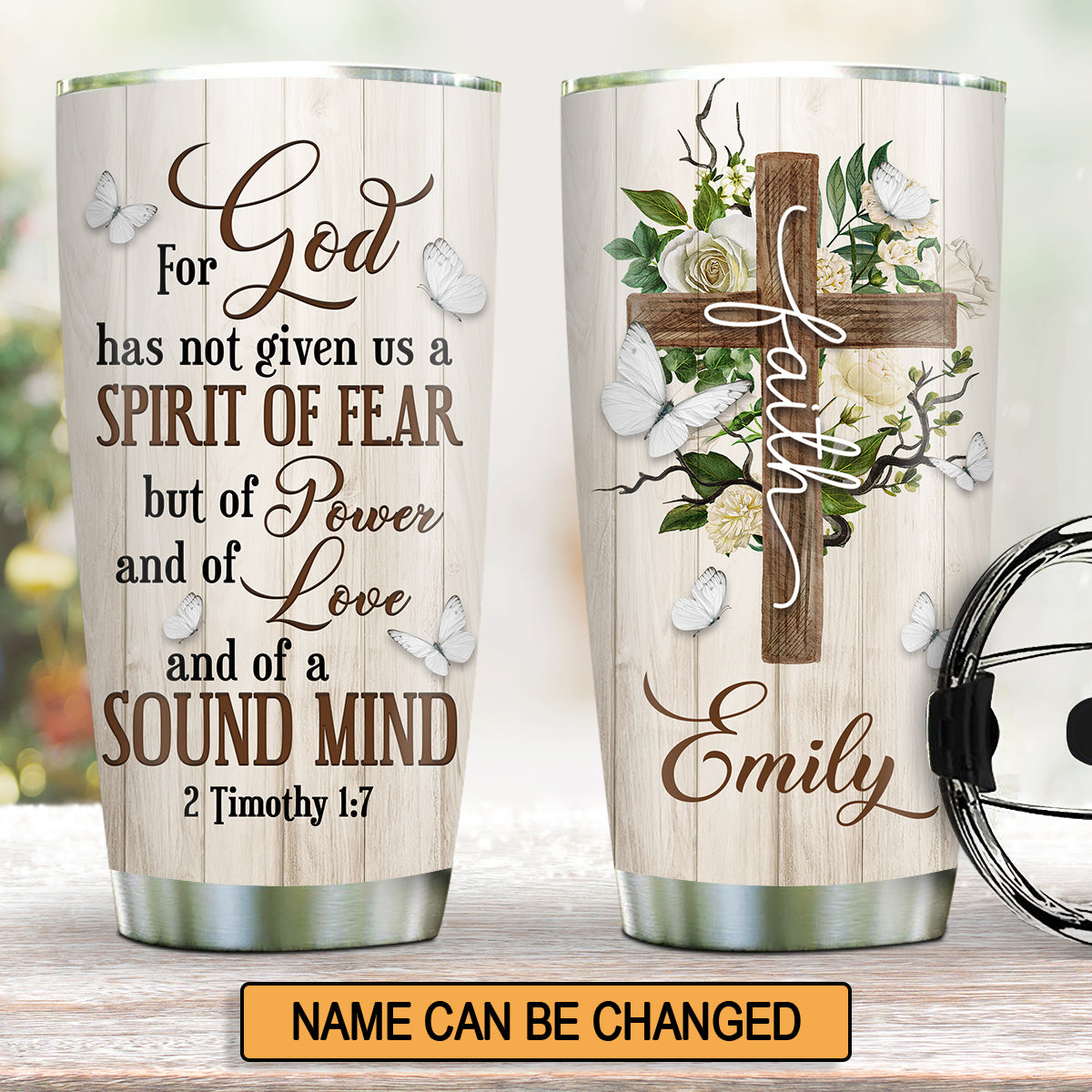 Fancy Personalized Flower And Cross Stainless Steel Tumbler 20oz - God Has Given Us Power And Sound Mind NUA211A