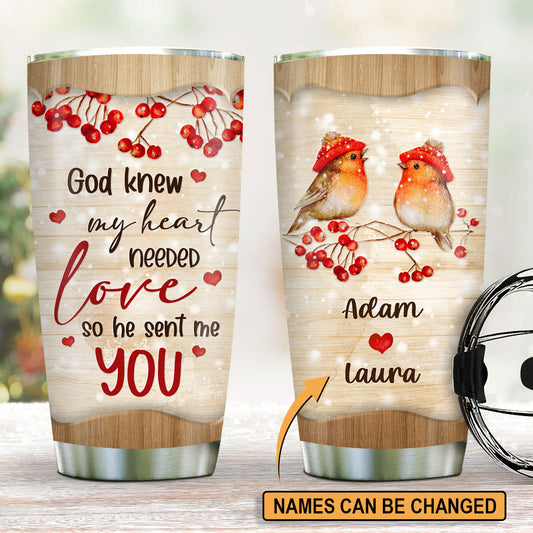 Sweet Personalized Bird Couple Stainless Steel Tumbler 20oz - God Sent Me You NUHN213