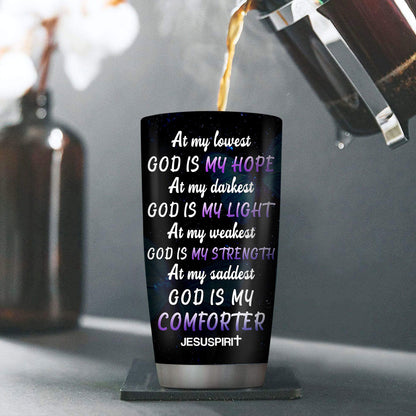 Personalized Stainless Steel Tumbler 20oz | At My Lowest God Is My Hope | Rose And Cross | Ideal Gift For Christians HN133