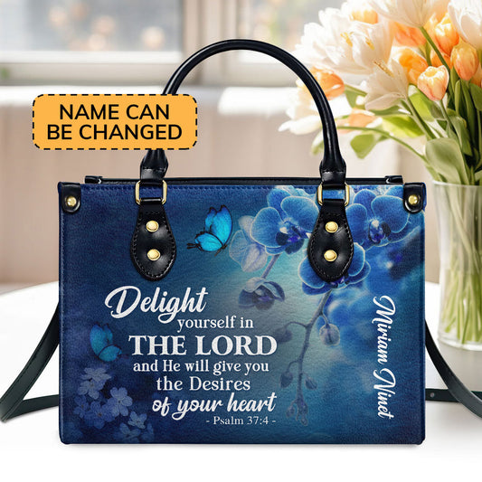 Personalized Leather Handbag | Delight Yourself In The Lord | Psalm 37:4 | Blue Orchids And Lilac H47