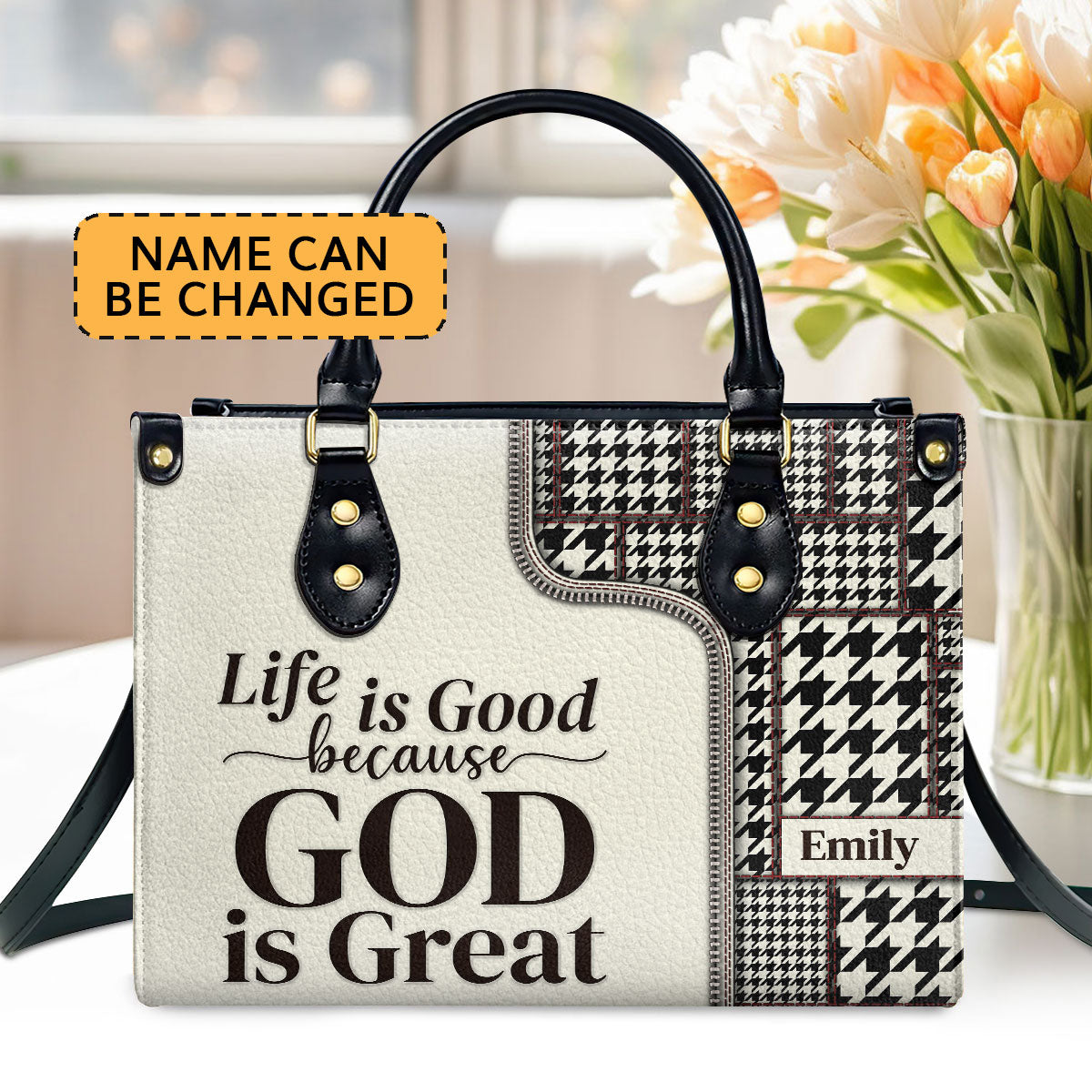 Life Is Good Because God Is Great - Black And White Christian Leather Handbag HIHN274