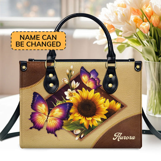 Pretty Personalized Sunflower And Butterfly Leather Handbag I04