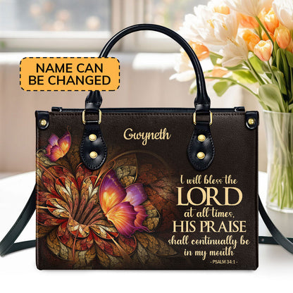 Lifegifty Personalized Leather Handbag With Handle | Flower & Butterfly | Psalm 34:1 | I Will Bless The Lord At All Times LHBH605