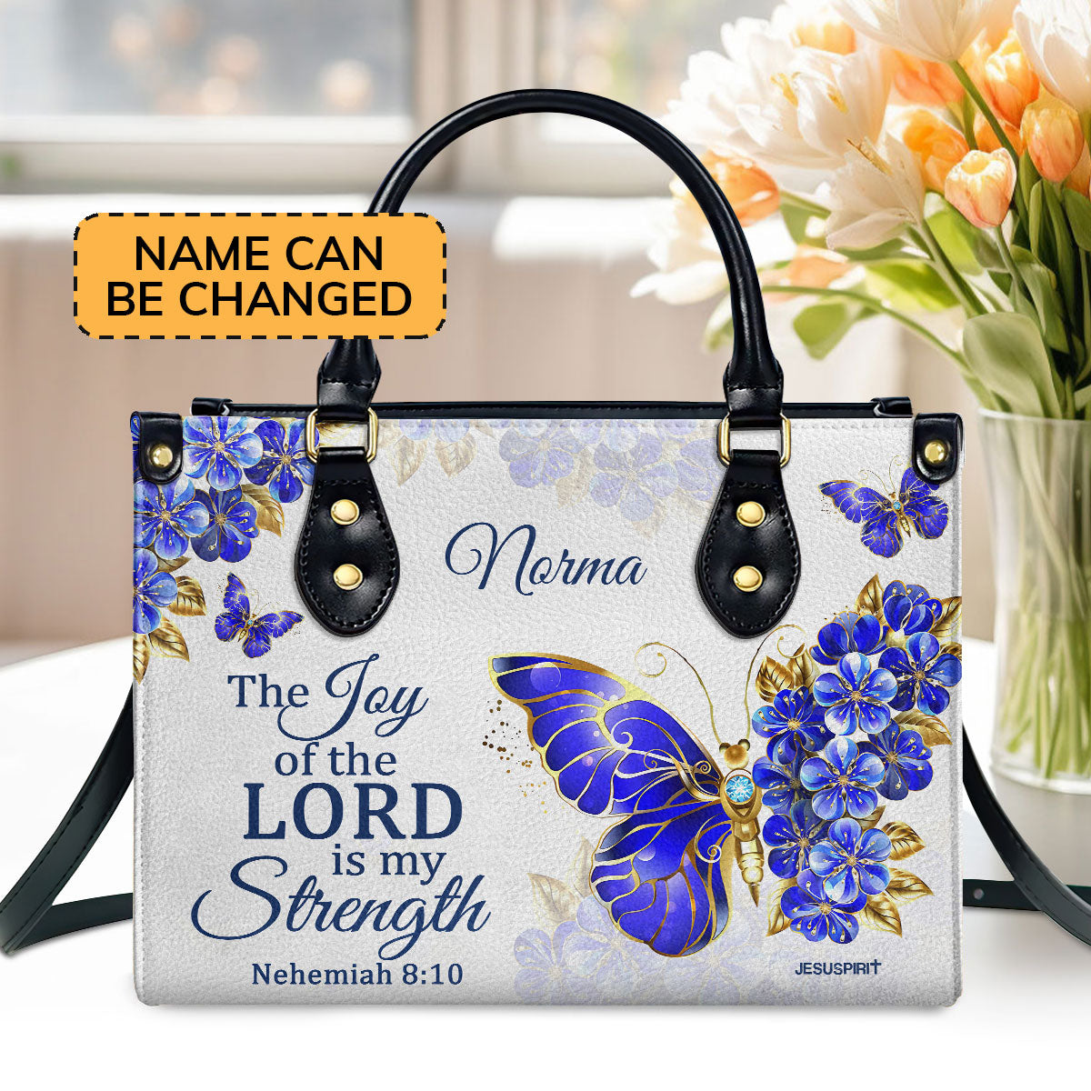 Nehemiah 8:10 | The Joy Of The Lord Is My Strength | Bible Verse Gifts For Christian Women | Personalized Leather Handbag With Handle LHBH743B