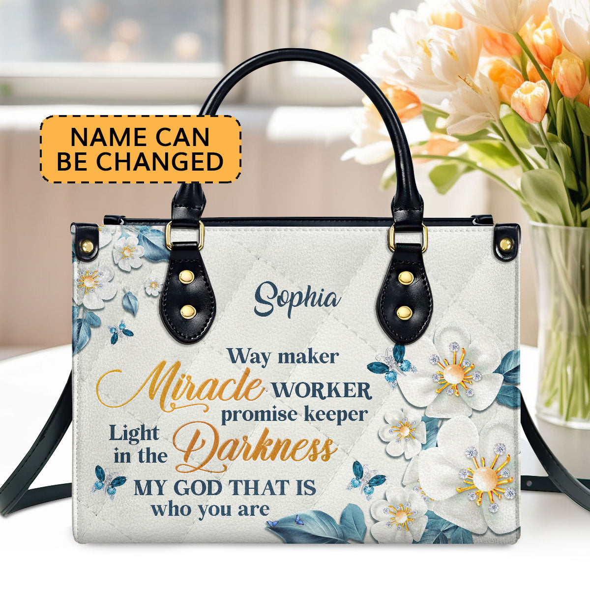 Lifegifty Personalized Leather Handbag With Handle | Thoughtful Gift For Christians | Flower & Butterfly | Way Maker And Miracle Worker LHBHN612