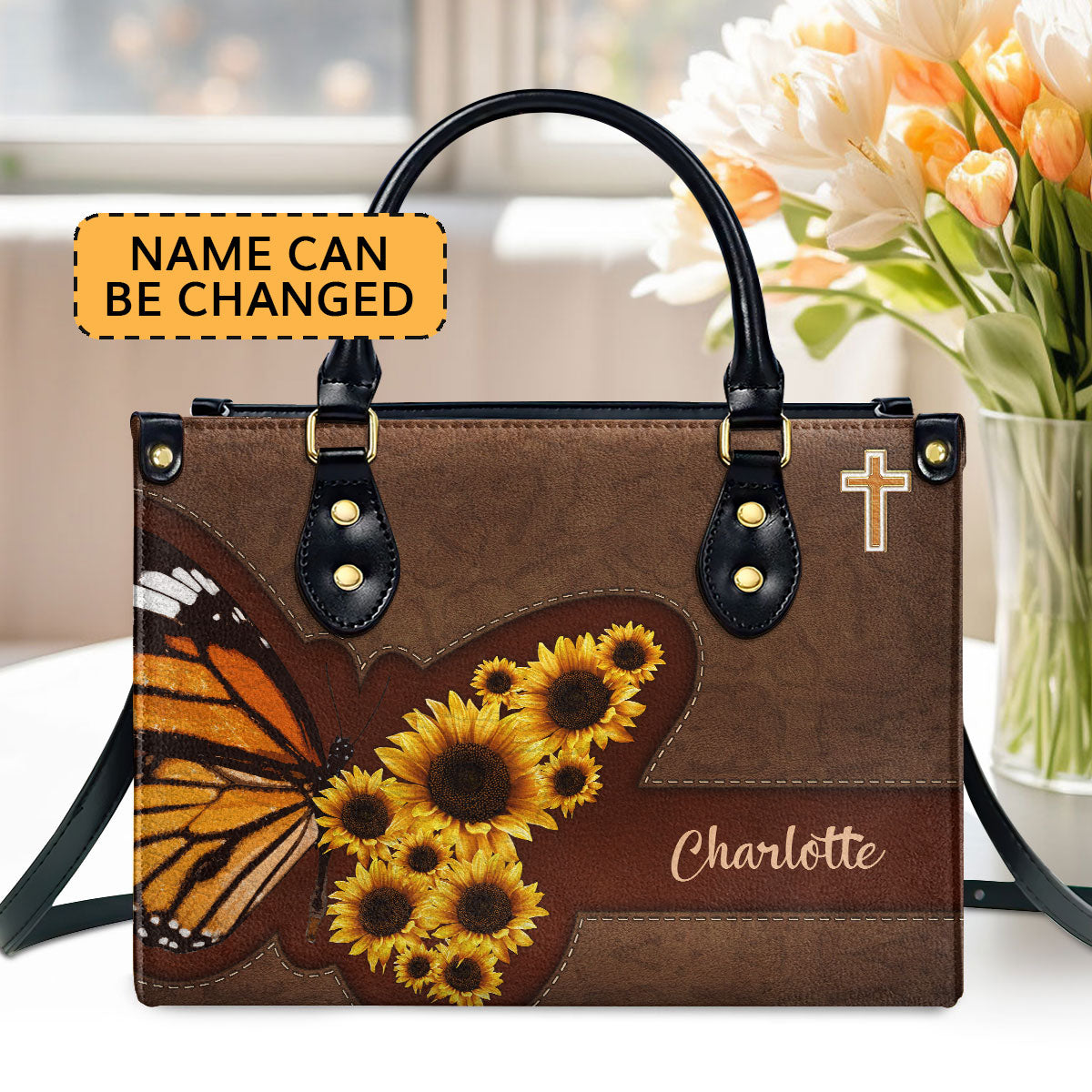 Personalized Sunflower Leather Handbag With Handle | Religious Gifts For Christian Women LHBHN653