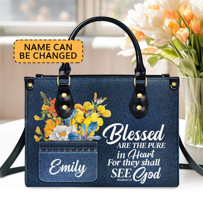 Personalized Leather Handbag With Handle | Blessed Are The Pure In Heart | Matthew 5:8 | Spiritual Gifts For Christian Women LHBHN677