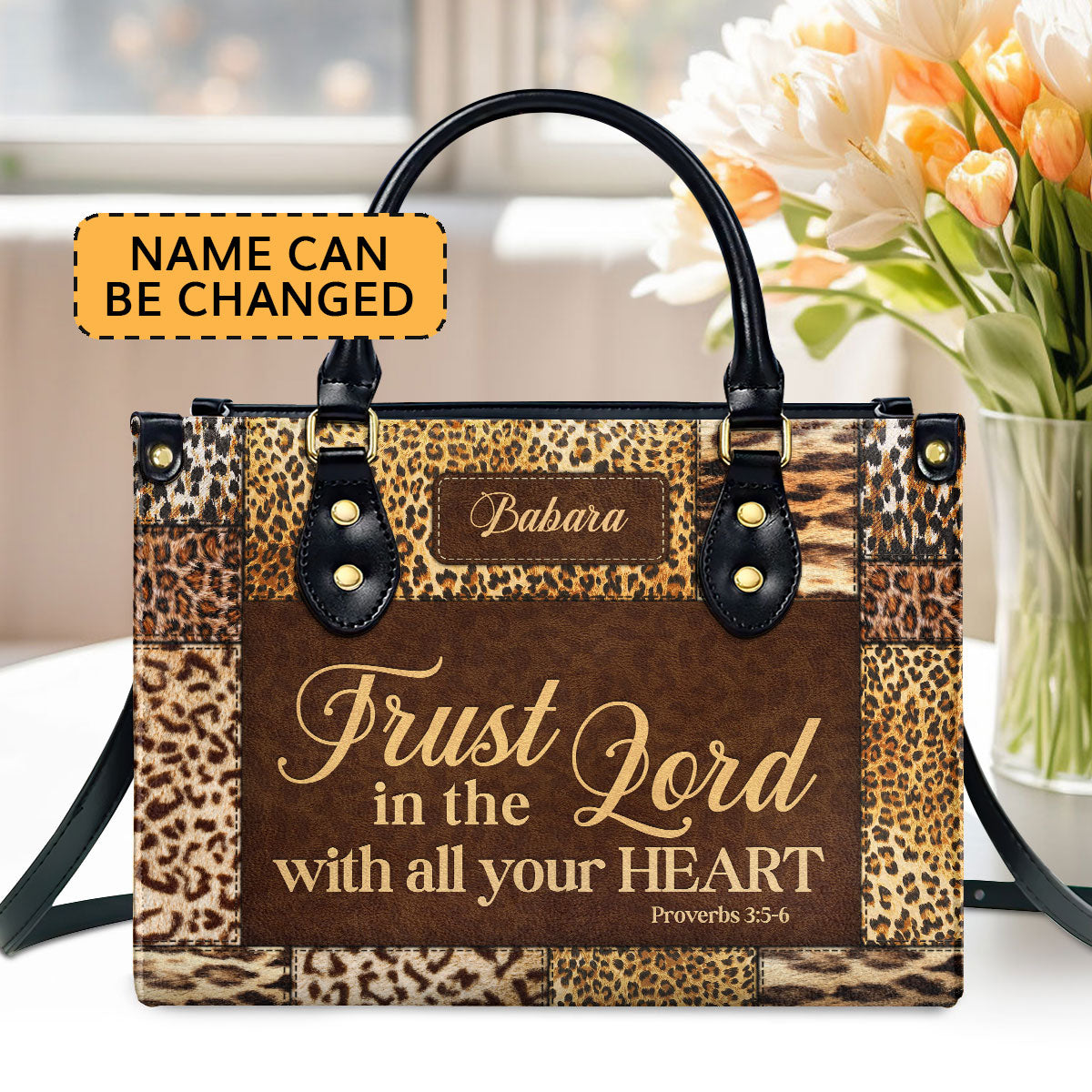 Trust In The Lord With All Your Heart | Proverbs 3:5-6 | Personalized Zippered Leather Handbag | Psalm 31:24 | Inspirational Gift For Her LHBHN806