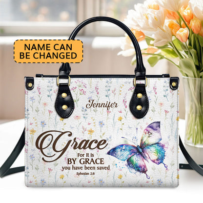 For It Is By Grace You Have Been Saved | Ephesians 2:8 | Worship Gift For Spiritual Friends | Personalized Leather Handbag With Handle LHBHN808