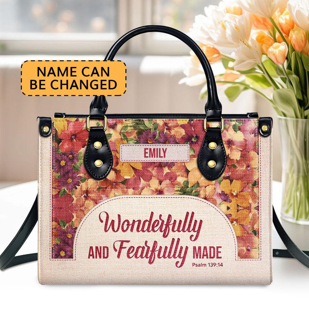 Personalized Leather Handbag With Zipper | Inspirational Gift Christian Ladies | Wonderfully And Fearfully Made | Psalm 139:14 LHBHN810