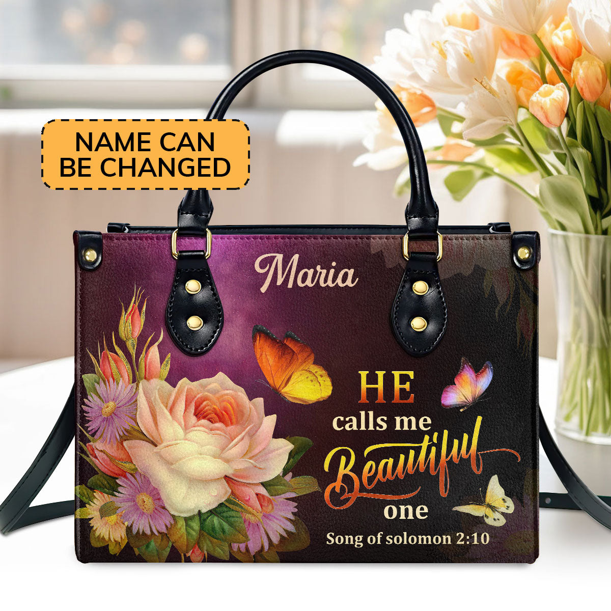 Personalized Leather Handbag With Handle | Solomon 2:10 | Flower And Butterfly | He Calls Me Beautiful One LHBMM676