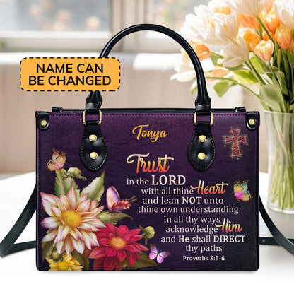 Proverbs 3:5-6 | Trust In The Lord With All Thine Heart | Flower And Cross | Personalized Leather Handbag LHBM677