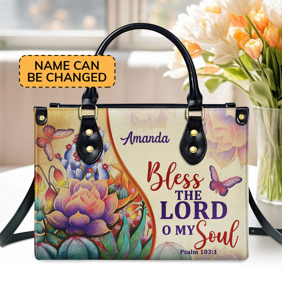 Bless The Lord O My Soul | Psalm 103:1 | Personalized Leather Handbag With Handle | Flower And Butterfly LHBM678