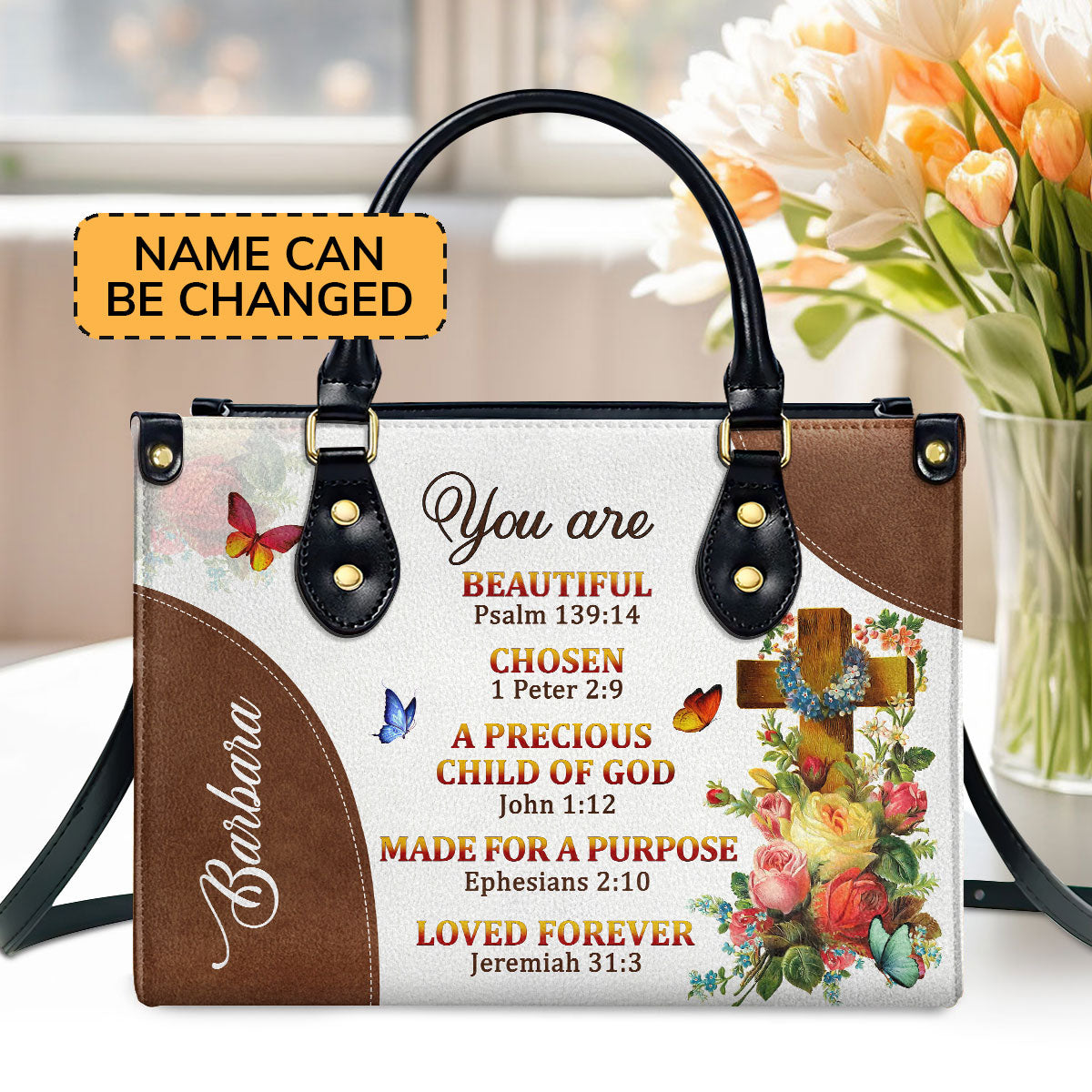 A Precious Child Of God | Unique Personalized Leather Handbag For Women | Roses And Cross LHBM705