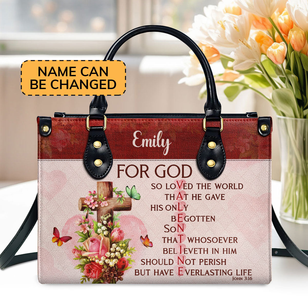 Personalized Leather Handbag With Handle | For God So Loved The World | Christian Valentine Gifts For Women Of God LHBM709