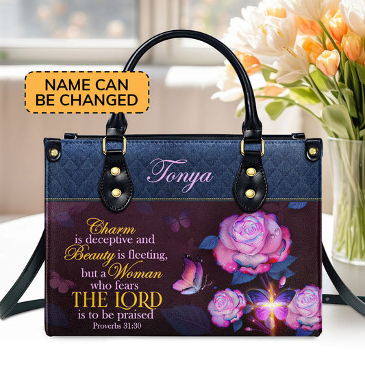 Proverbs 31:30 | Personalized Leather Handbag With Handle | Scripture Meaningful Gifts For Christian Women LHBM714