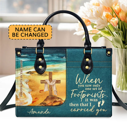 Personalized Leather Handbag With Long Strap | Footprints In The Sand | Special Gift For Christian Ladies LHBNUHN490