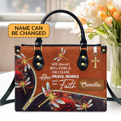 She Prays, Works, And Has Faith - Pretty Personalized Dragonfly Leather Handbag NUH274