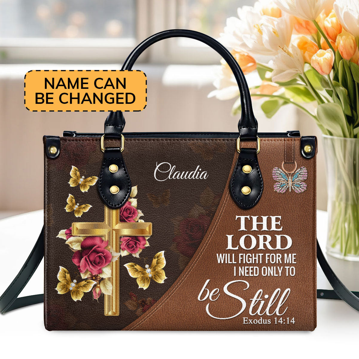 The Lord Will Fight For Me - Personalized Floral Cross Leather Handbag NUH298