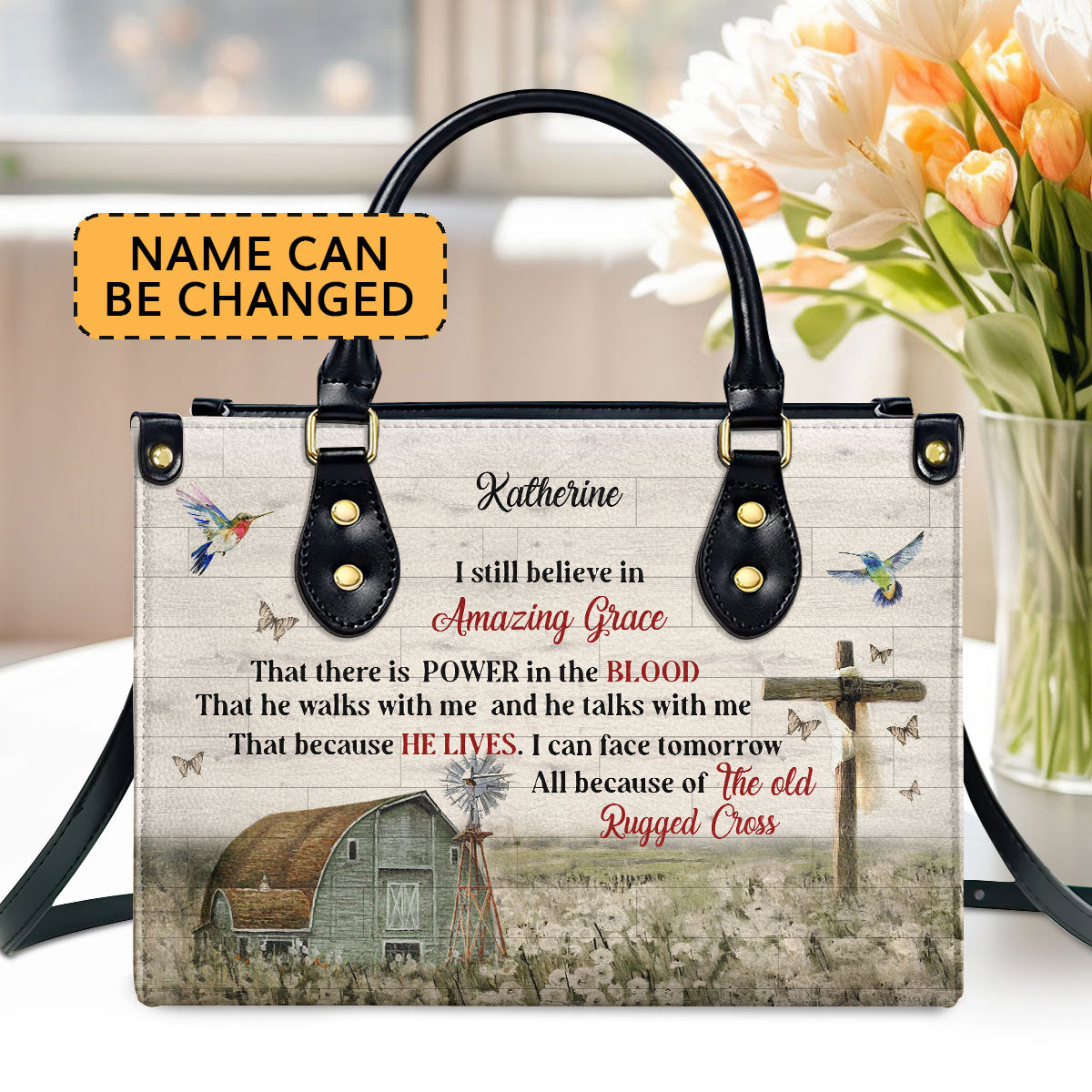 Gorgeous Personalized Cross Leather Handbag - I Still Believe In Amazing Grace NUHN145F