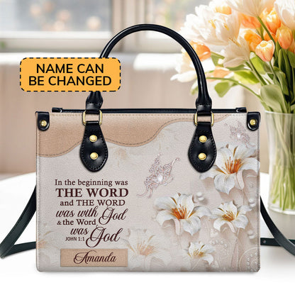 Pretty Personalized Lily Leather Handbag - In The Beginning Was The Word NUH337