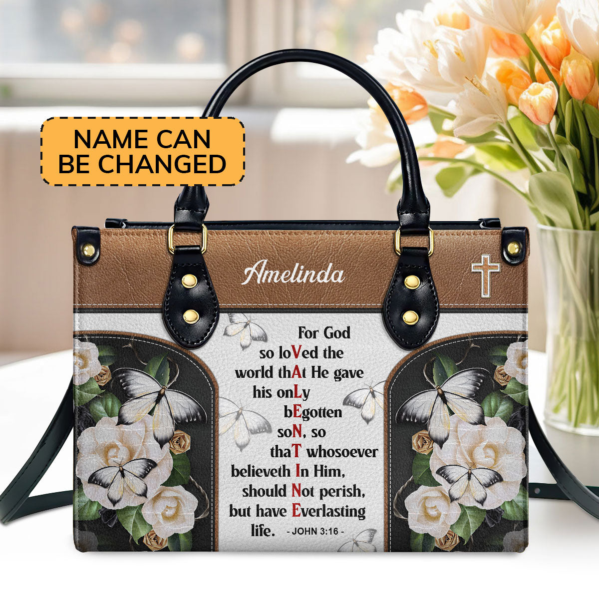 Personalized Leather Handbag | Christian Valentines Day Ideas | John 3:16 | For God So Loved The World | Bible Verse Spiritual Gifts LHBH832