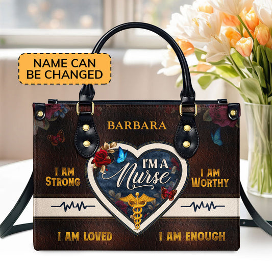 Personalized Leather Handbag With Zipper | I Am Strong LHBM773