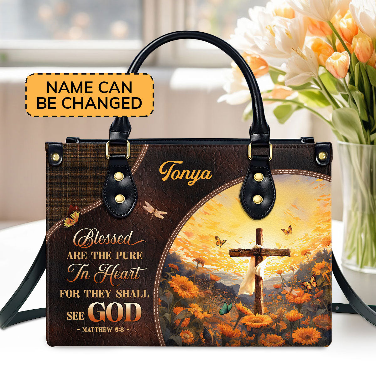 Personalized Zippered Leather Handbag With Handle | Religious Gift For Worship Friends | Blessed Are The Pure LHBM763