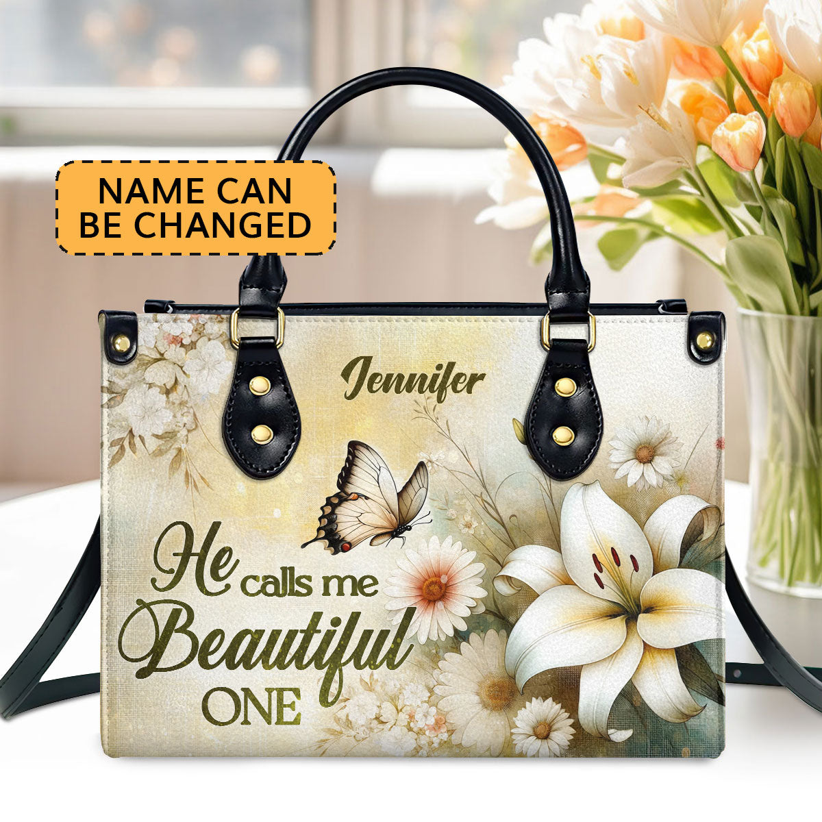 Personalized Leather Handbag With Zipper | He Calls Me Beautiful One LHBHN689