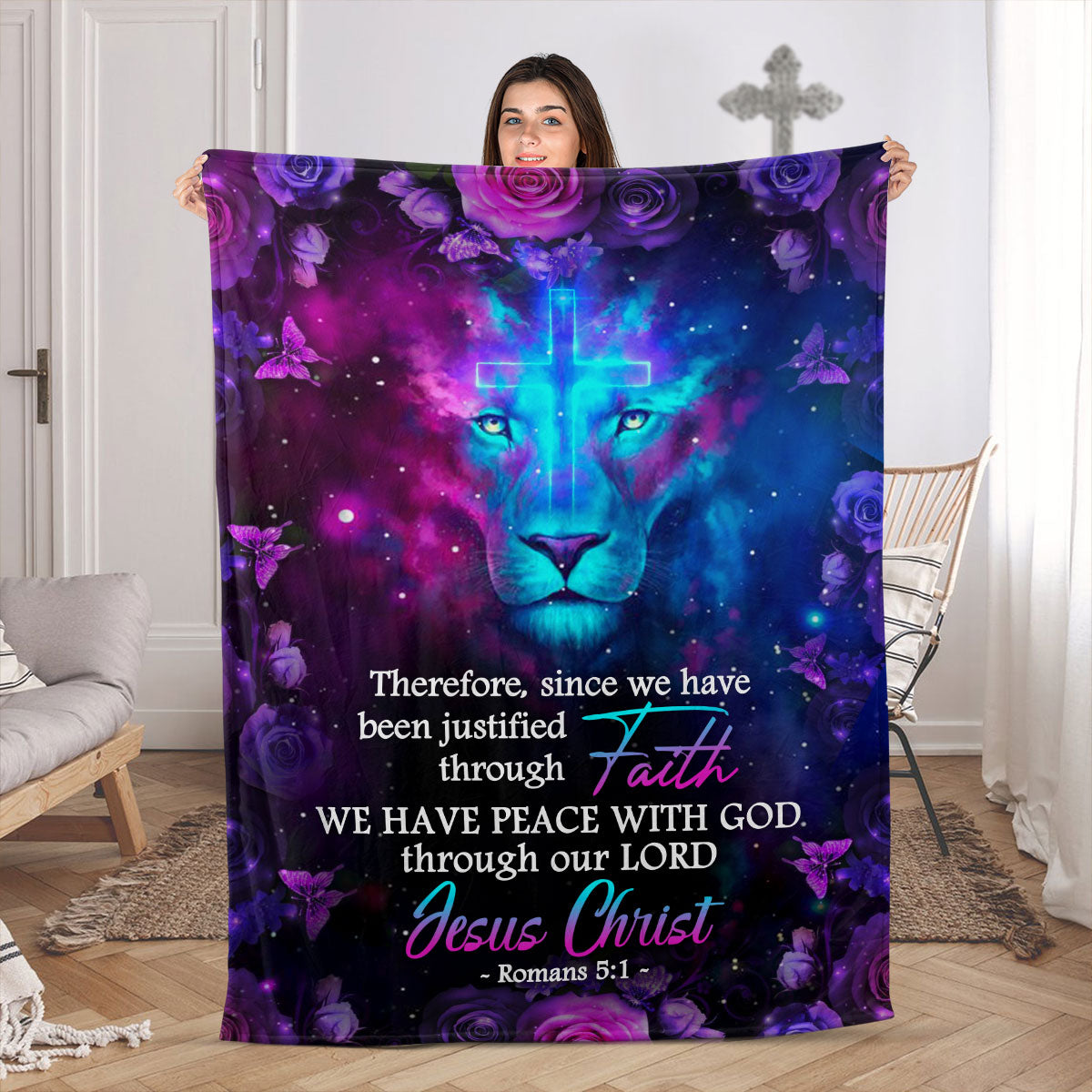 Lion And Rose | Shining Cross Fleece Blanket | Romans 5:1 | We Have Peace With God FBH623