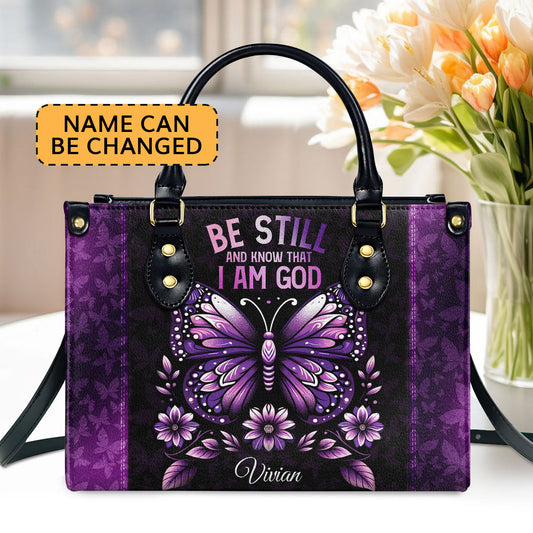 Personalized Leather Handbag With Zipper | Be Still And Know That I Am God LHBHN684