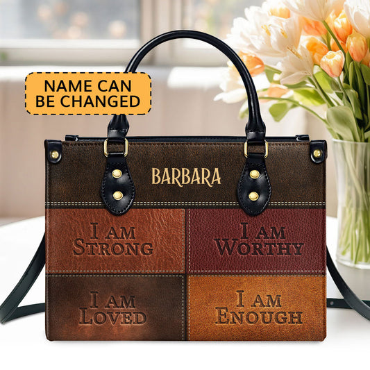 I Am Strong | Personalized Zippered Leather Handbag With Handle | Religious Gift For Worship Friends LHBNUHN680