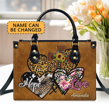 Personalized Leather Handbag With Zipper | Faith Hope Love LHBHN687