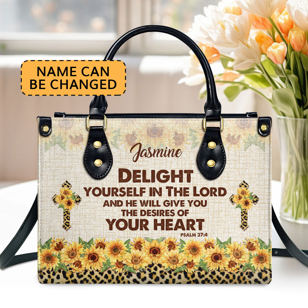 Personalized Leather Handbag With Handle | Delight Yourself In The Lord | Psalm 37:4 | Sunflower And Cross HN152