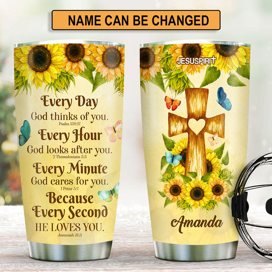 Personalized Sunflower Stainless Steel Tumbler 20oz | Everyday God Thinks Of You | Cross And Butterfly SSTHN605