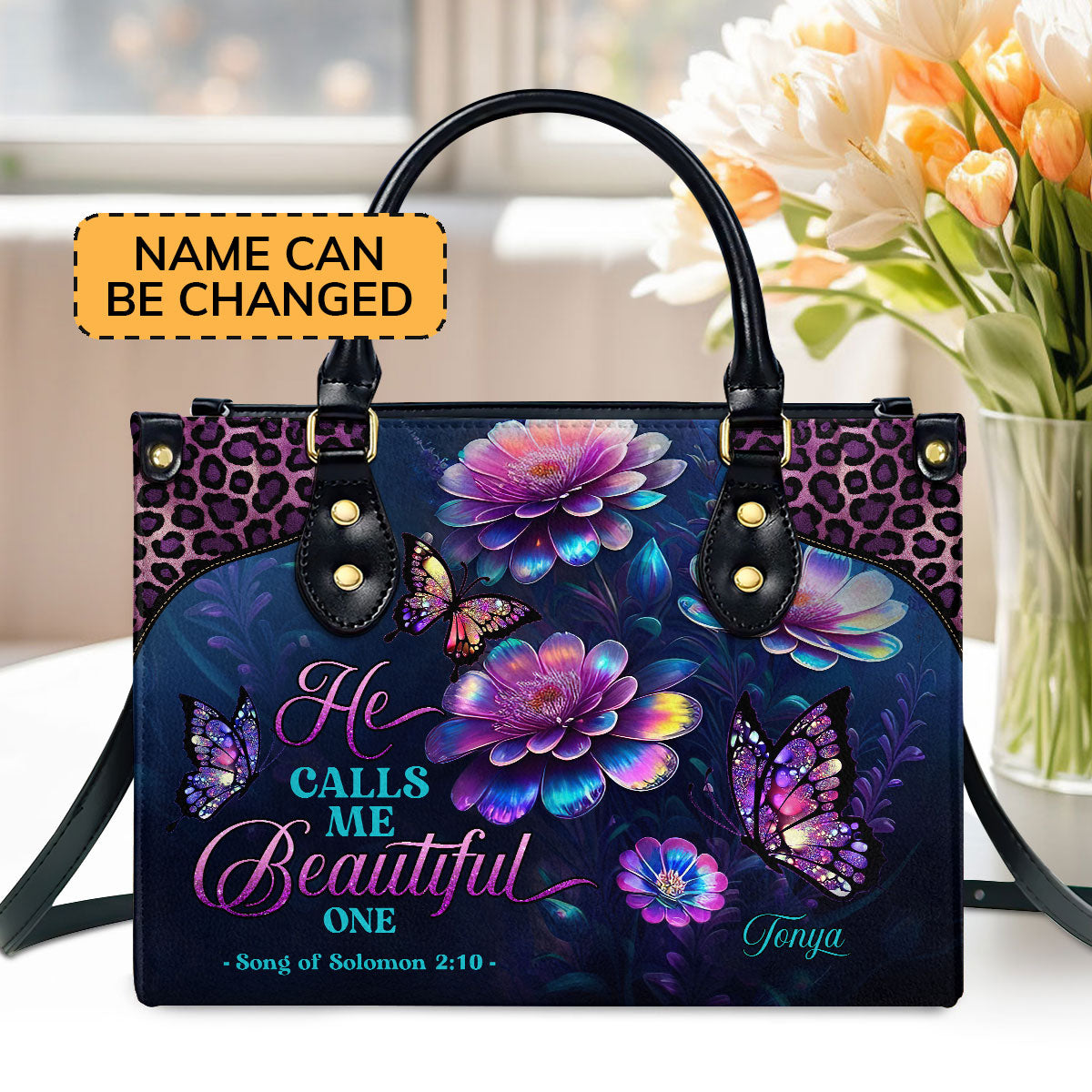 Personalized Zippered Leather Handbag With Handle | Religious Gift For Worship Friends | He Calls Me Beautiful One LHBM770