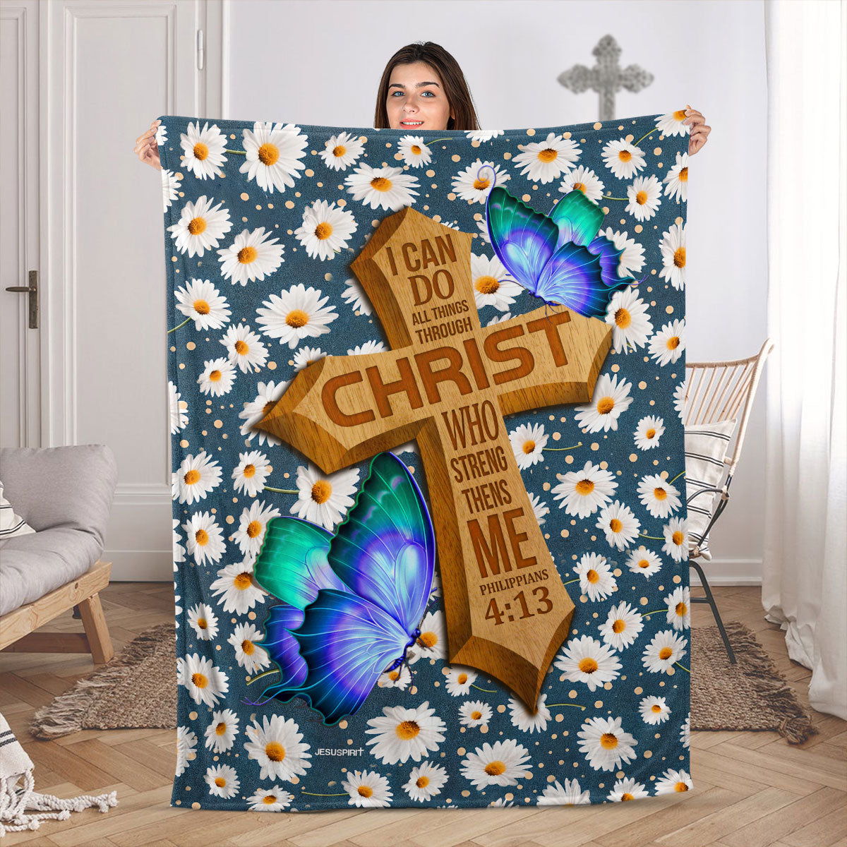 Daisy Fleece Blanket | I Can Do All Things Through Christ | Philippians 4:13 | Christ Gifts For Religious Family FBH782