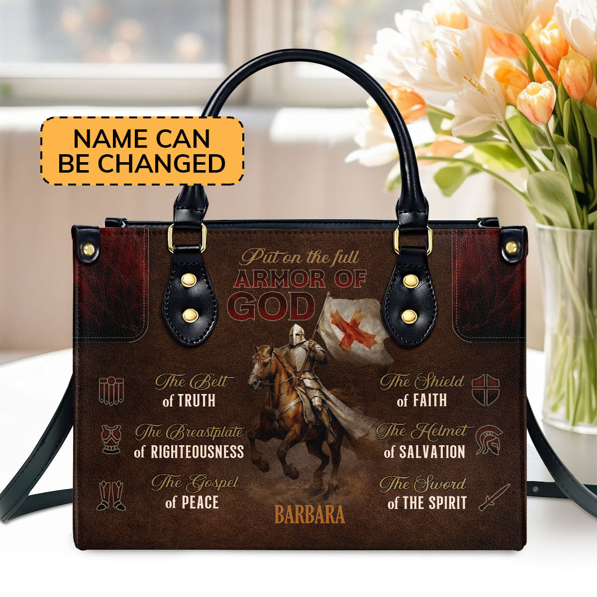 Personalized Zippered Leather Handbag With Handle | Religious Gift For Worship Friends | Armor Of God LHBM769