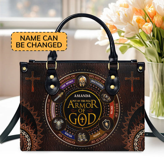 Personalized Zippered Leather Handbag With Handle | Religious Gift For Worship Friends | Armor Of God LHBM762