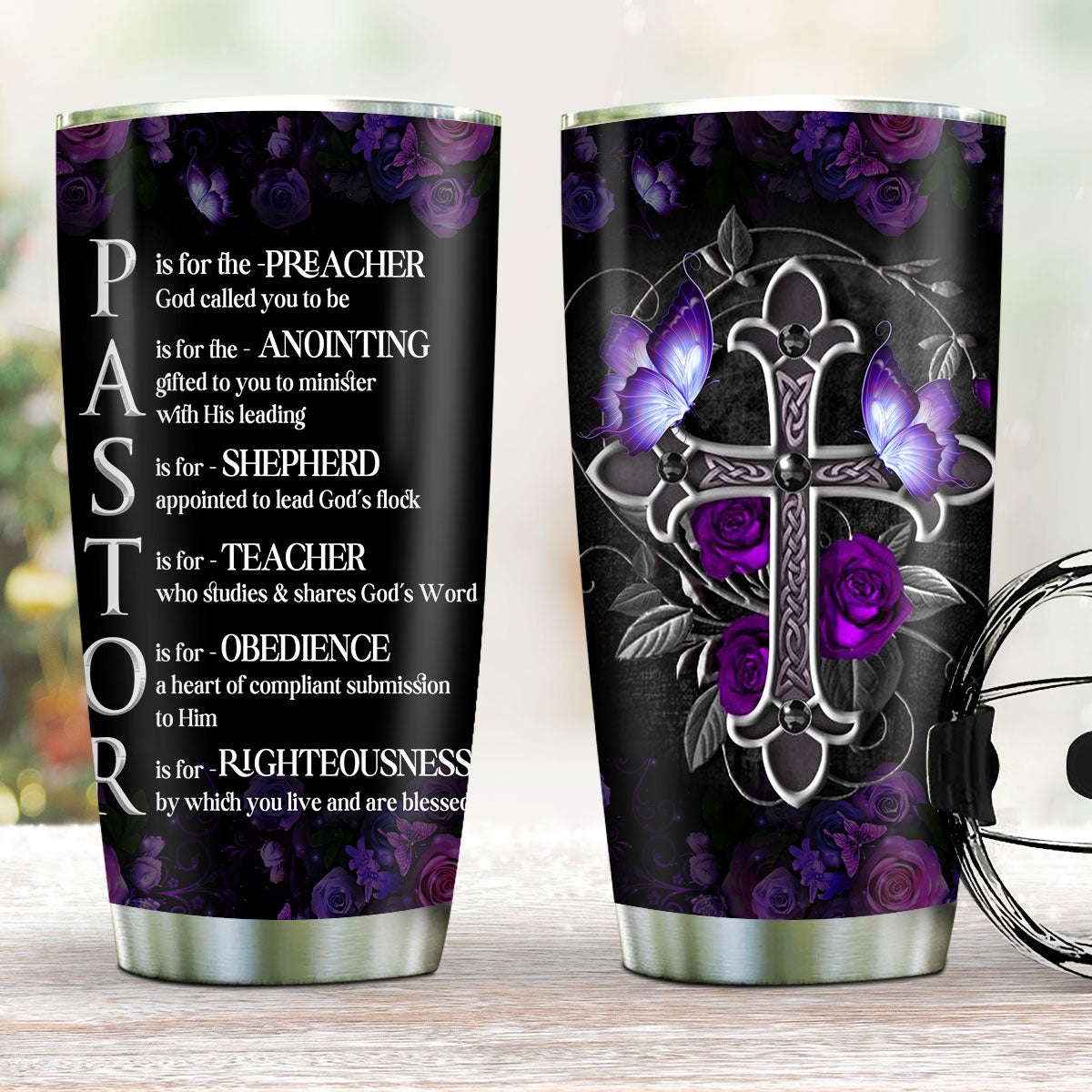 Cross Stainless Steel Tumbler 20oz | Gift For Pastors | Rose And Butterfly SSTH713